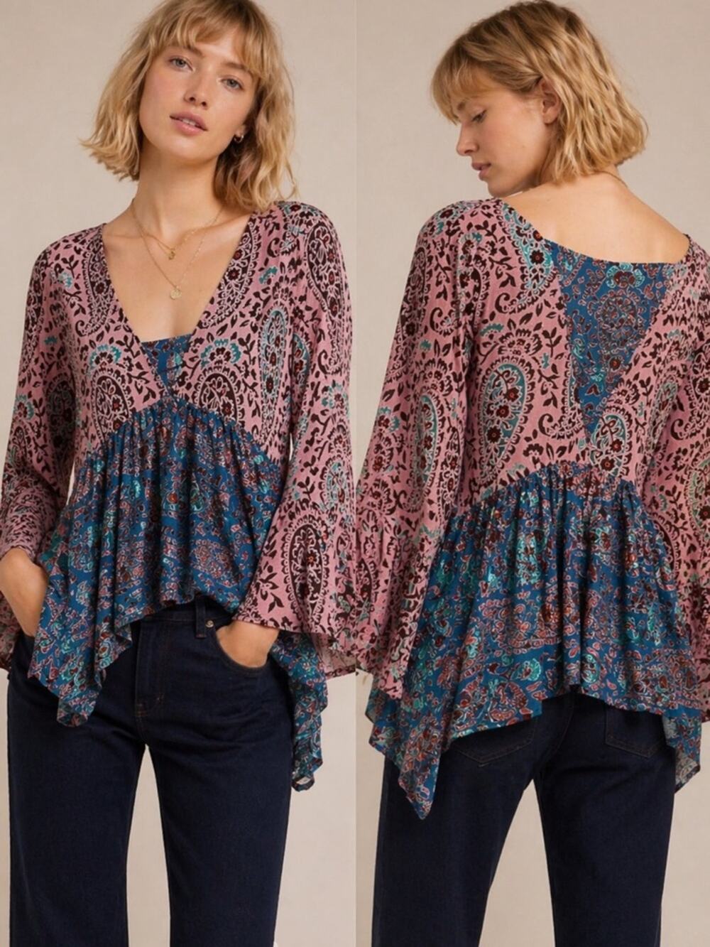 Anthro Floreat Silk Floral Burnout Babydoll Asymmetric Tunic Top Bell Sleeve M